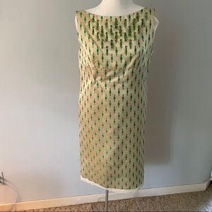 Emerald Green and Beige Metallic Embroidered Sleeveless Dress